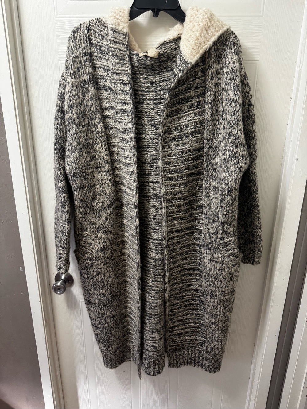 Marled Black and Cream Hooded Open-Front Knit Cardigan